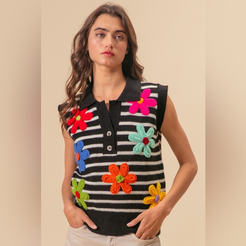 Bibi Flower Patch Striped Half Button Sweater Vest - image 3